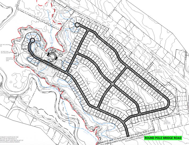 The proposed site plan for a subdivision planned along Round Pole Bridge Road near the Hudson Road intersection southeast of Milton. SOLUTIONS IPEM GRAPHIC